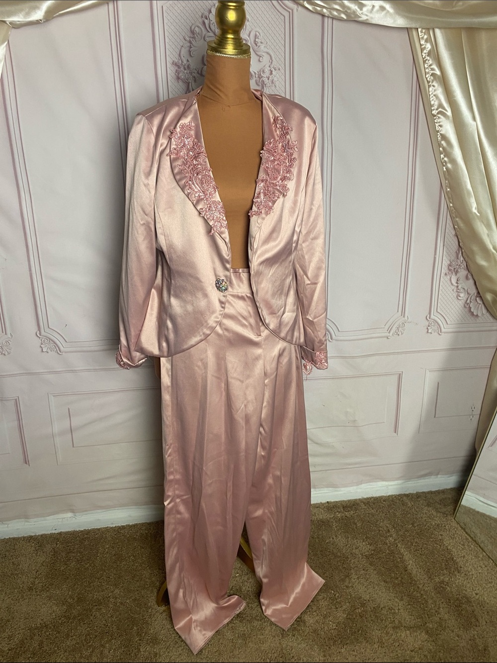 Elegant Pink Satin Two-Piece Sleepwear Set with Lace Trim
